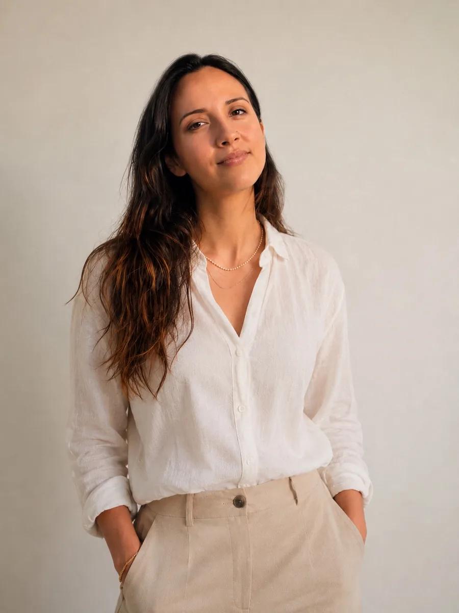 Gloria Alexis Arce, standing in a white linen shirt against a pale wall, looking calmly at the camera.